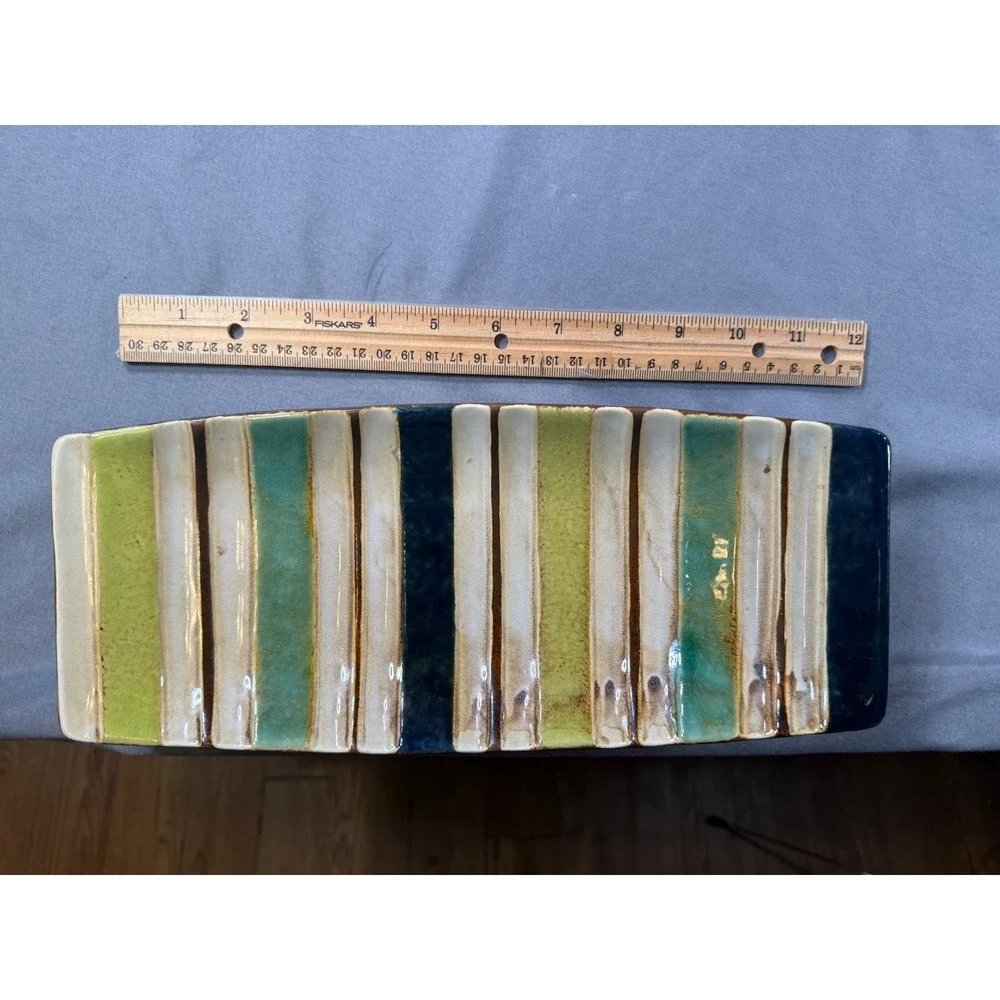 Ceramic Striped Rectangular Serving Tray Reactive Glaze Blue Green 12.5 Inch